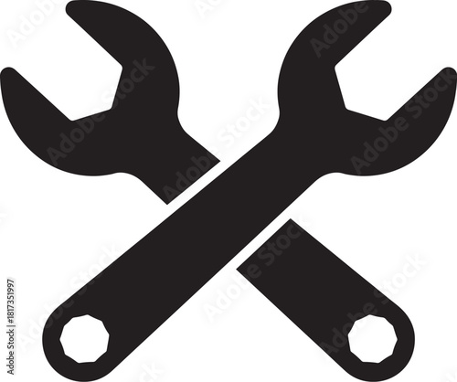 Two black crossed wrenches vector silhouette icons isolated on a white background.