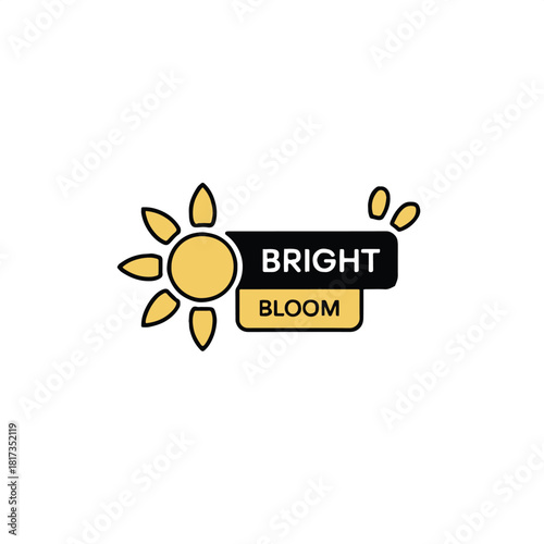 A logo with a yellow sun like shape and the words bright and bloom on a black and yellow background
