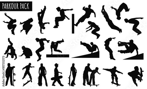 Parkour Silhouette Action: A collection of dynamic silhouettes capturing the essence of parkour and free running, depicting various movements and maneuvers on display.