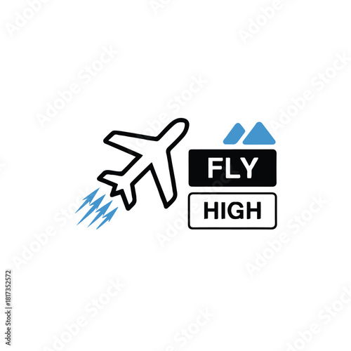 Airplane icon with blue jet streams and fly high text on white background illustration