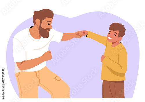 Happy father and son demonstrating fist bump gesture experiencing highly positive relationships