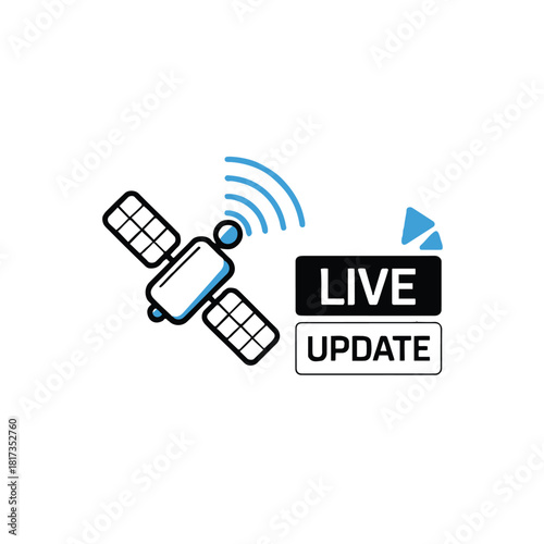 Illustration of a satellite transmitting a live update with a blue triangle icon on a white background