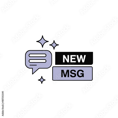 Illustration of a message bubble with new msg text and stars on a white background design graphic