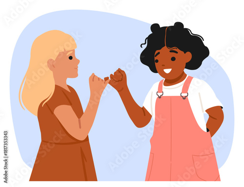 Multiethnic girls friends preschool children characters making pinky promise hand gesture scene
