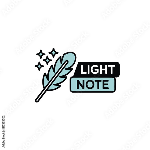 Illustration of a light blue feather with stars and a light note text on a white background