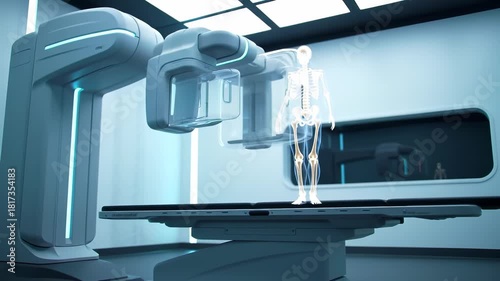 X ray Room: Futuristic Medical Imaging of Holographic Human Skeleton for Advanced Diagnostics in a Modern Healthcare Facility.