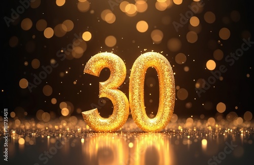 Golden number 30 shines brightly against a dark bokeh background, perfect for celebrating a milestone like a thirtieth birthday or business anniversary.