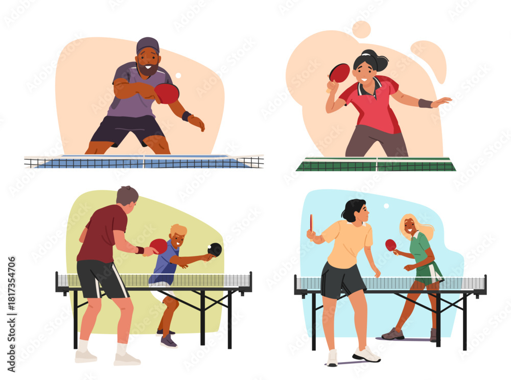 Naklejka premium Excited talented people cartoon characters with ping pong playing table tennis cartoon scene set