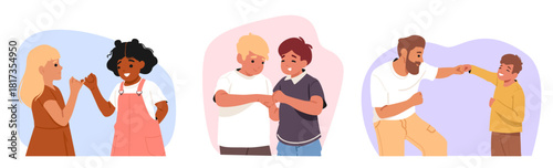 Girls and boys friends, parent and son people characters making pinky promise and fist bump gesture