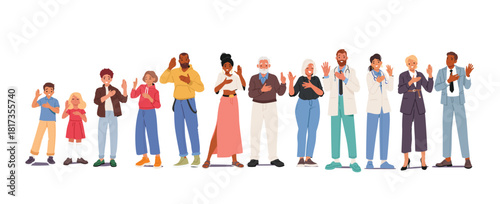 Diverse people cartoon characters of different ages making oath solemn gesture isolated set