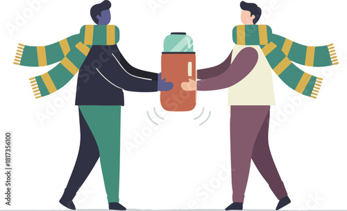 Two people wearing long scarves hold a large thermos together, sharing warmth and exchanging a friendly gesture in a chilly outdoor moment