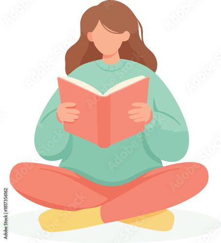 A relaxed girl sits cross-legged on the floor, calmly reading an open book while fully absorbed in a peaceful and cozy moment