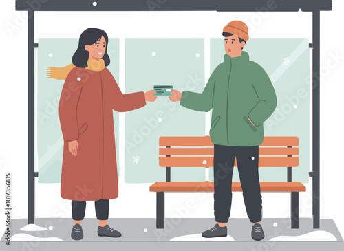 Two people wait at a snowy bus stop as one warmly offers a hot drink to the other, creating a friendly winter moment