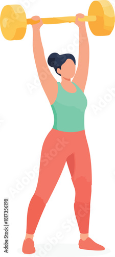 A strong woman lifts a large yellow barbell overhead, standing confidently in an athletic pose with vibrant workout clothing and focused energy