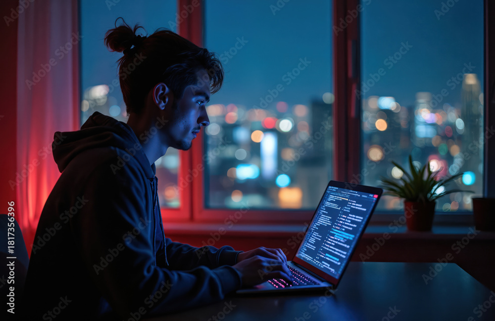Obraz premium Young man codes on a laptop at home near window. Programmer works at night with cityscape lights outside. Developer does his job using tech. Home office work environment.