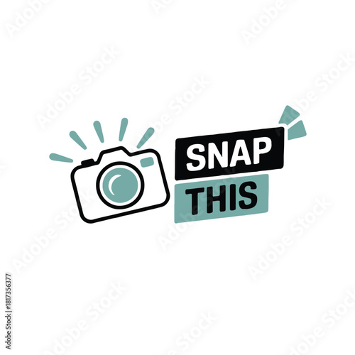 A graphic design featuring a camera with rays and the text snap this on a white background