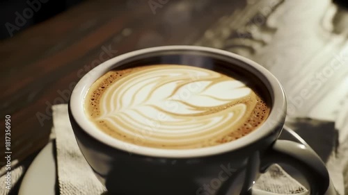 Latte Cup displaying exquisite rotating Latte Art and fragrant Steam, a masterfully prepared Coffee Beverage with creamy Foam, capturing a Barista's skill. Perfect drink akin to a fine cappuccino.