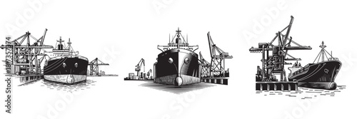 Set of three detailed illustrations showing large industrial cargo ships docked in a commercial port with giant cranes.