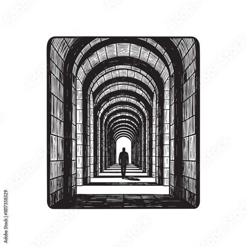 Dramatic Engraving of a Person Walking Alone Through a Deep, Endless Perspective of Archways or Long Corridor.