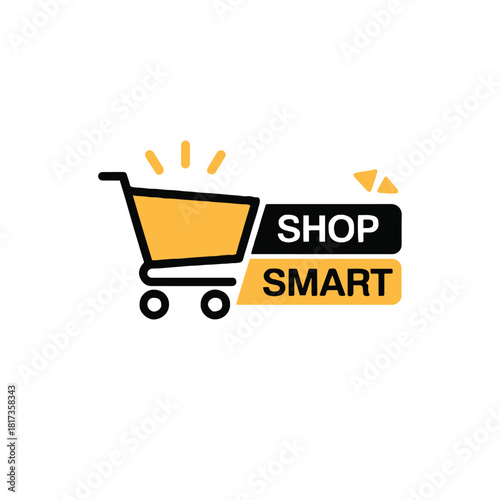 A graphic of a shopping cart with shop smart text in black and yellow on a white background