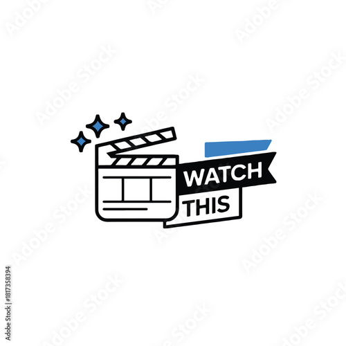 A graphic design featuring a clapperboard with stars and a banner reading watch this in bold letters