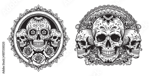 Detailed Calavera Composition of Sugar Skulls with Roses and Ornate Mandala Frames for Day of the Dead Celebration.