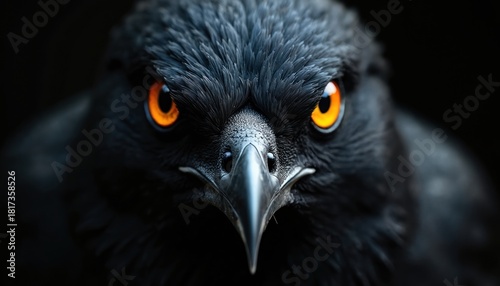 Close up photo of black bird face with bright orange eyes. Dark animal portrait shows detailed feathers and beak. Moody image presents intense focus and wild nature concept.
