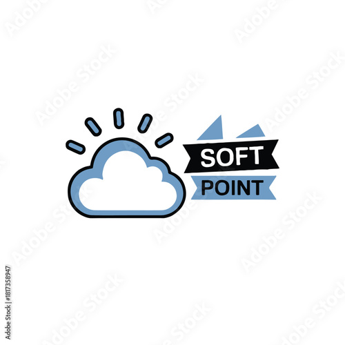 A stylized cloud with sun rays and a banner that says soft point on a white background design logo