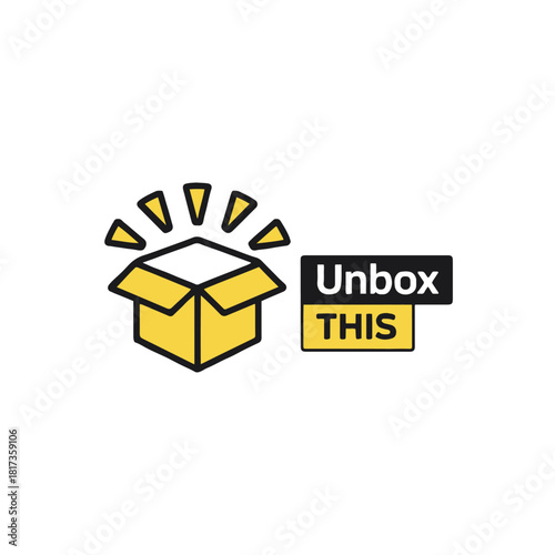 Illustration of a yellow box with radiating shapes next to the words unbox this on white background