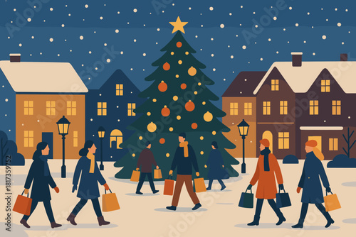 Celebration glowing snow vector square illustration carrying town people winter decorated dusk