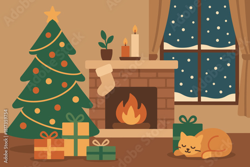 Winter room illustration decorated cozy retreat while snow falls sleeping vector outside