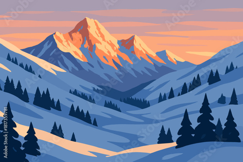 Under glowing calm mountain snowy illustration slopes peaks valley vector into descending