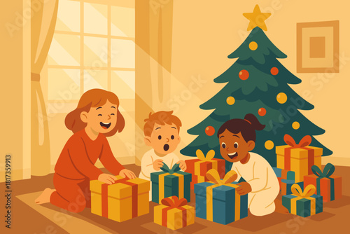 Morning surprise children wonder illustration where vector festive joy under scene sunlight