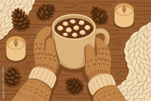 Vector scene wool soft cozy illustration winter surrounded knitted hot holding wooden