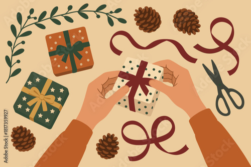 Gift vector nearby paper garland illustration scissors hands small artistry neatly ribbons