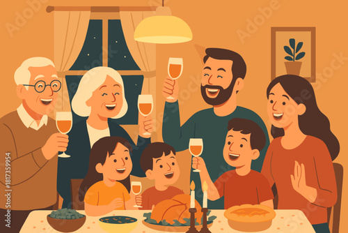 Parents laughter children decorated table raising gathering vector sharing gathered joyful illustration