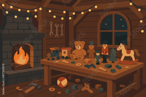 Santa beams around open scattered fireplace parts s vector twinkling wooden cozy