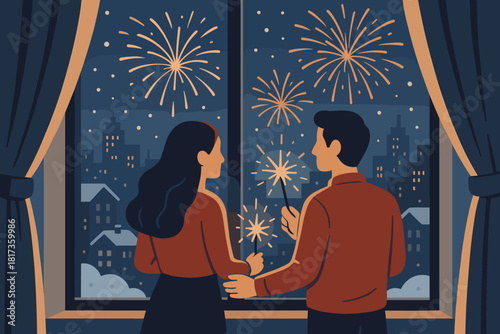 Romance beyond snowy window sparklers skyline vector holding romantic new near illustration