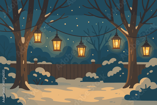 Vector glowing glow lantern snowy between lanterns frosty through warm festive illustration