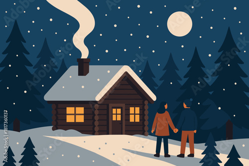 Trees romance vector hands moonlight snow moonlit smoke holding cabin illustration couple