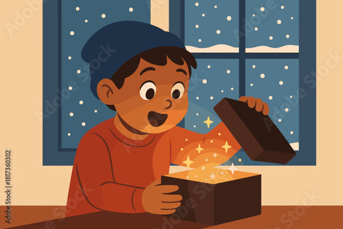 Filled magical their frosted gift vector window sparkles face opening child unveiling
