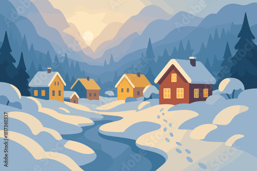 Mist colorful to illustration vector village morning breaking serenity houses winter surrounded