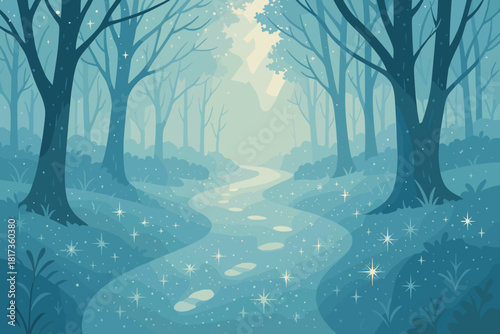 Path mist shimmering sunlight frosty icy ground illustration frost vector softly forest
