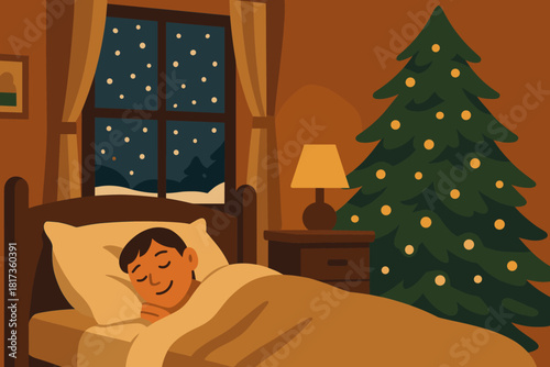 Window person vector outside illustration smiling snow cozy light bedroom festive filled