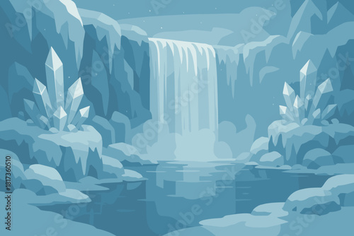 Still off frozen ice serenity water illustration gently mist hovering vector waterfall
