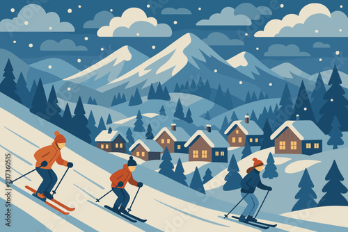 Cozy clouds illustration snow vector drifting chalets below escape winter mountain village