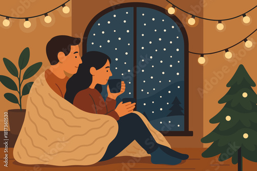Vector while blanket cozy illustration winter snowfall couple retreat tea sitting window