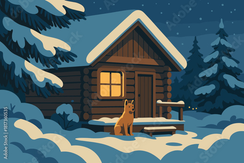 Distant serenity porch frost winter heavy pine surrounded cabin nearby branches vector
