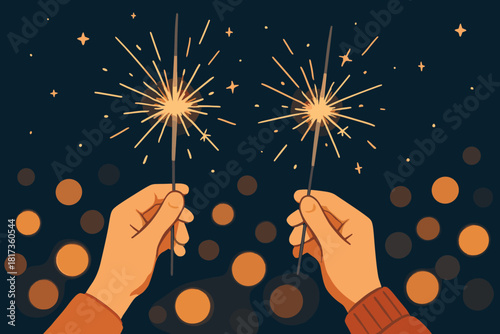 Hands illustration bokeh vector new year holding small glowing sparklers warm background