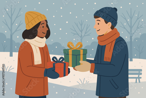 Presents color small gift flakes softly scarves vector exchange winter exchanging beneath